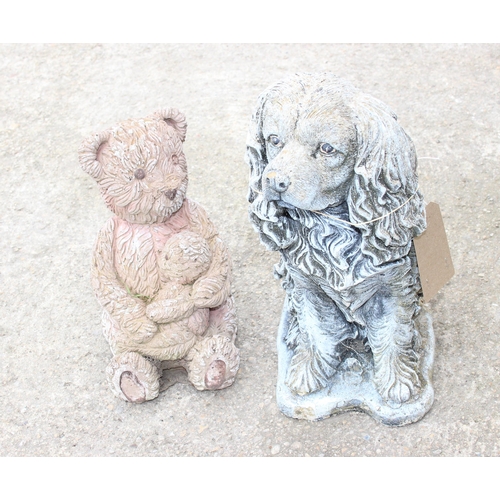 309 - A concrete garden birdbath and 2 figures, a dog and a teddy bear (3)