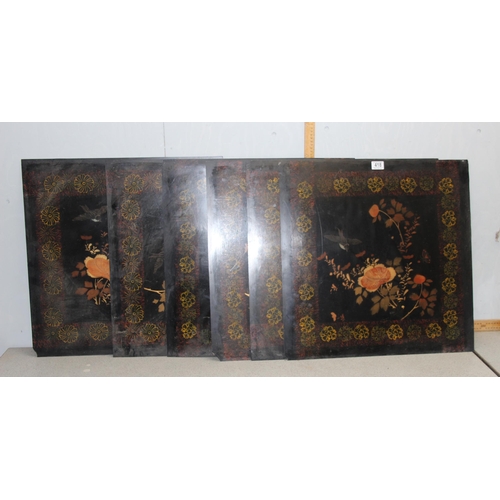 418 - Group of 6 hand painted oriental lacquered panels each decorated with stencilled floral detailed