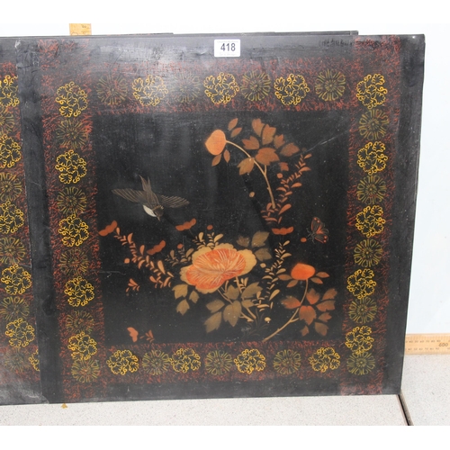 418 - Group of 6 hand painted oriental lacquered panels each decorated with stencilled floral detailed