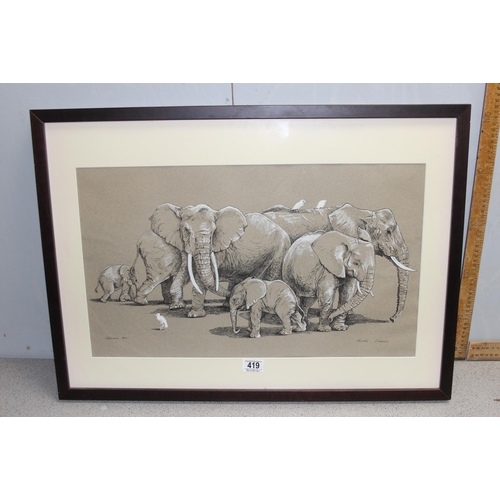 419 - Anita Davies pen and chalk drawing of Elephants and Egrets dated 1982 approx. 73cm x 54cm