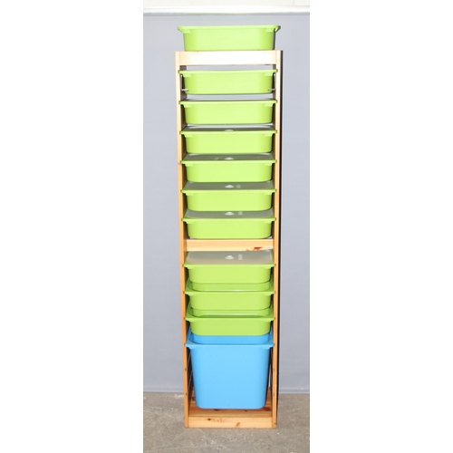 76 - Ikea drawer storage unit with 10 green tray and 1 blue tray approx. 177cm high and 44cm wide