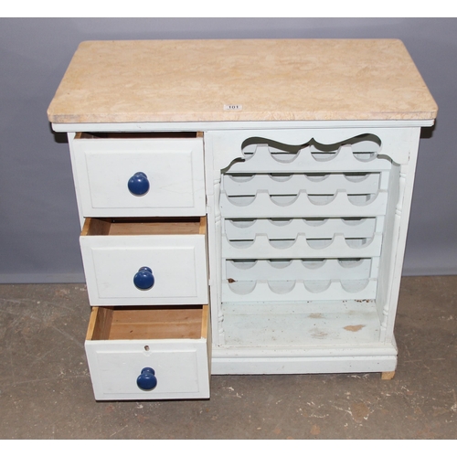 101 - A vintage painted pine kitchen cabinet with 3 drawers and a wine rack, with marble top, approx 82cm ... 