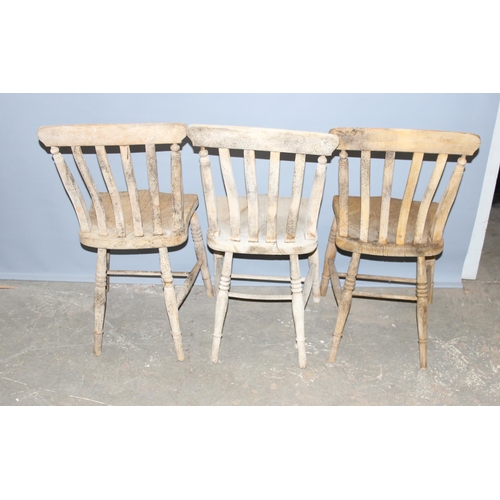 102 - 3 antique elm seated slat backed kitchen chairs