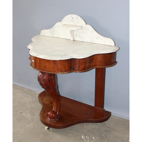 107 - Antique mahogany marble topped scalloped shaped console table, approx. 92cm wide