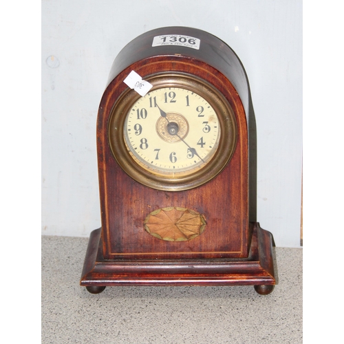 1306 - An early 20th century Sheraton revival inlaid mahogany mantle clock with mechanical movement