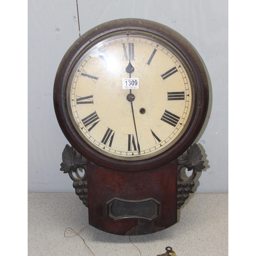 1309 - Antique drop dial wall clock with key and mechanical movement