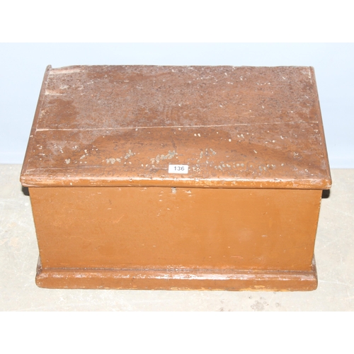 136 - Antique painted pitch pine storage trunk with drop handles. approx width 65cm