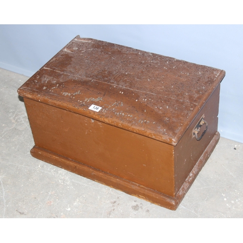 136 - Antique painted pitch pine storage trunk with drop handles. approx width 65cm