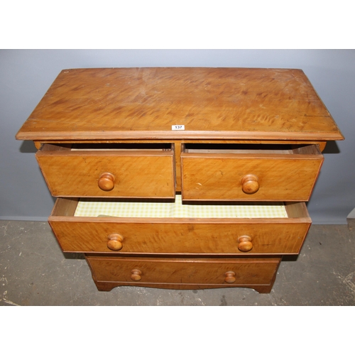 137 - Victorian scumbled pine 2 over 3 chest of drawers with bun handles, approx. width 104cm