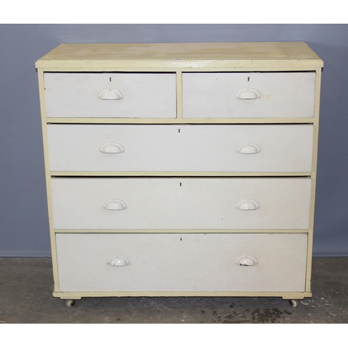 138 - Painted pine 2 over 3 chest of drawers on castors with brass cup handles