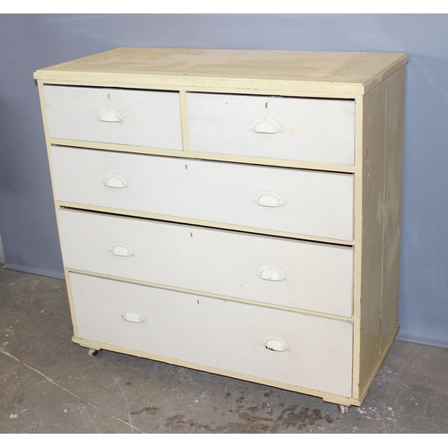 138 - Painted pine 2 over 3 chest of drawers on castors with brass cup handles