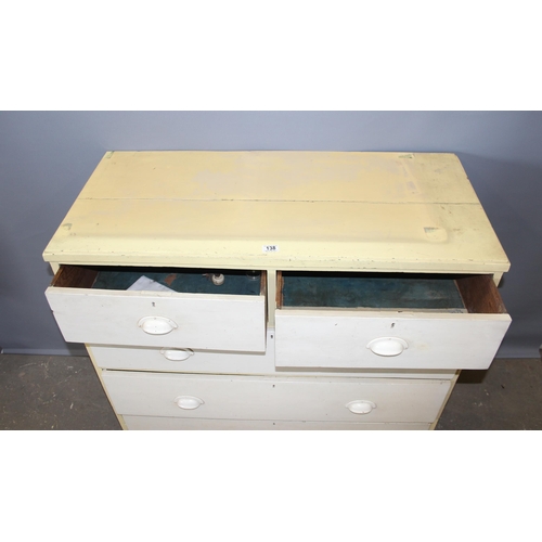 138 - Painted pine 2 over 3 chest of drawers on castors with brass cup handles