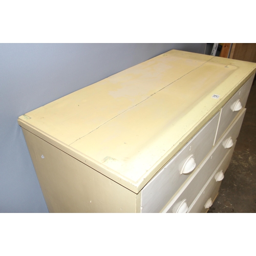 138 - Painted pine 2 over 3 chest of drawers on castors with brass cup handles