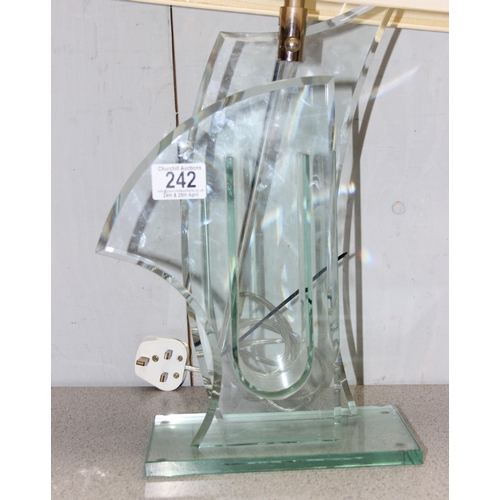 242 - Designer bevelled glass table lamp with chrome fittings and cream coloured shade. 59cm x 20 cm