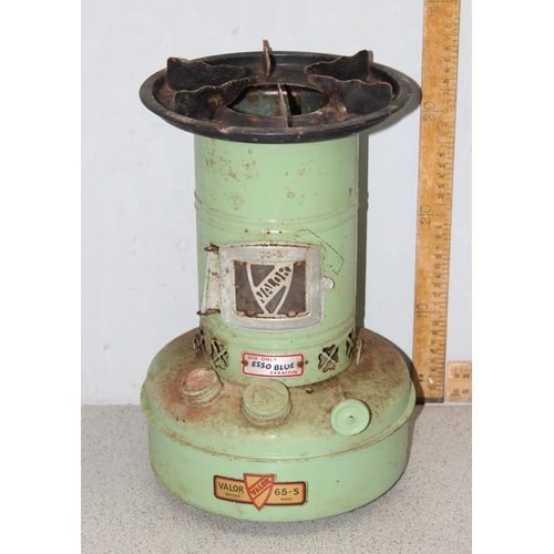 245 - Vintage enamelled greenhouse paraffin heater, a green enamel Valor paraffin burner and bag of spare ... 