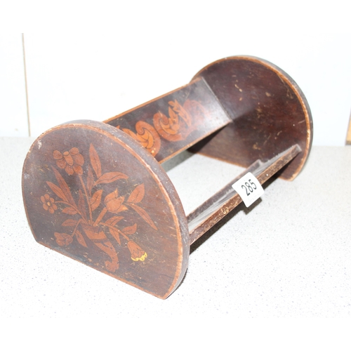 285 - Sheraton inlayed mahogany book trough and a pair carved bellows with grapevine detail