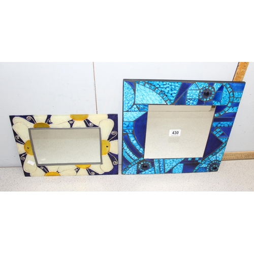 430 - Two coloured glass and lead work hand made wall mirrors 38cm x 38cm and 25cm x 35cm (2)