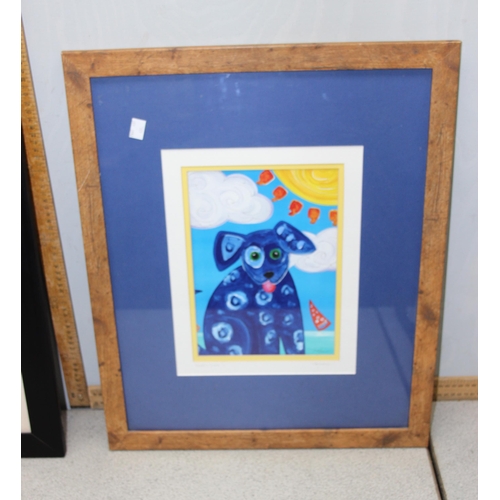 431 - Framed and mounted colourful print entitled ‘Happy Dog’ by American artist Sonia Robinson, Three fra... 