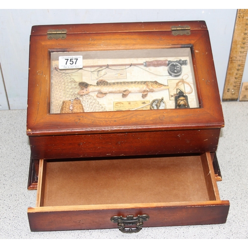 757 - Novelty fishing tackle box with drawer and glazed display to top