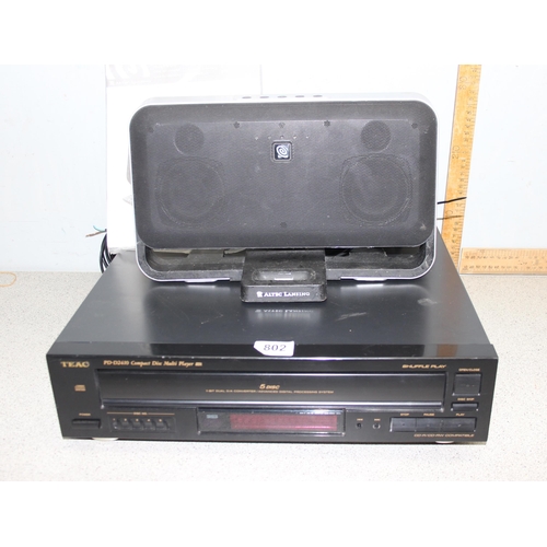 802 - Qty of audio equipment to include a TEAC PD-D2410 compact disc 5 changer and a Altec Lansing iPhone ... 