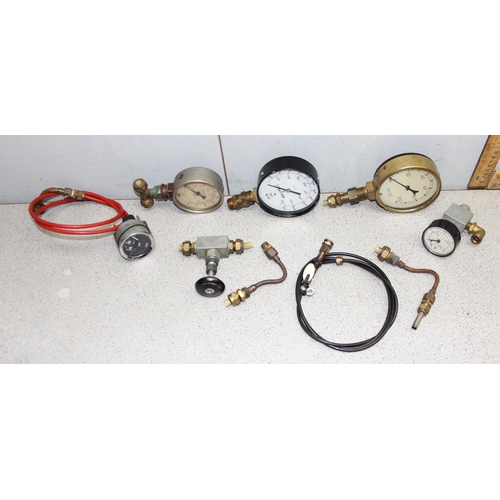 856 - Collection of five metal cased vintage calibrated pressure gauges – some industrial and a truck rela... 