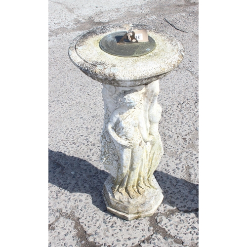 314 - Cast stone sundial on plinth decorated with three naked female muse figures