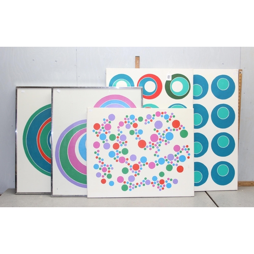 439 - 5 large retro acrylic on canvas abstract paintings, 2 framed. Largest measures 90cm x 63cm