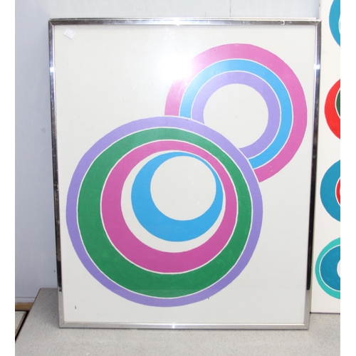 439 - 5 large retro acrylic on canvas abstract paintings, 2 framed. Largest measures 90cm x 63cm