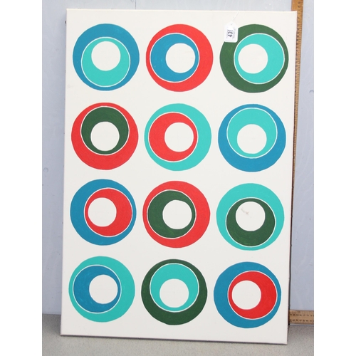 439 - 5 large retro acrylic on canvas abstract paintings, 2 framed. Largest measures 90cm x 63cm