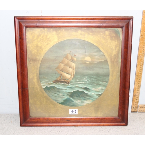 445 - Antique oval framed print of a galleon in stormy seas, approx 50cm square