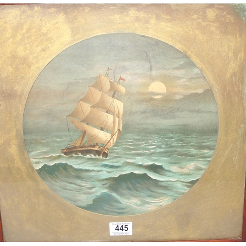 445 - Antique oval framed print of a galleon in stormy seas, approx 50cm square