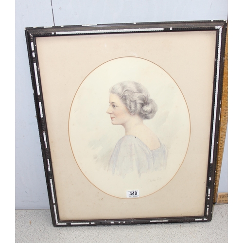 448 - Keturah Anne Collings (1862-1948), unnamed watercolour of a glamourous lady, in oval mount, approx 6... 