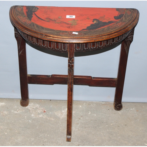 72 - An early 20th century Chinoiserie demi-lune side table with lacquered decoration, approx 60cm wide