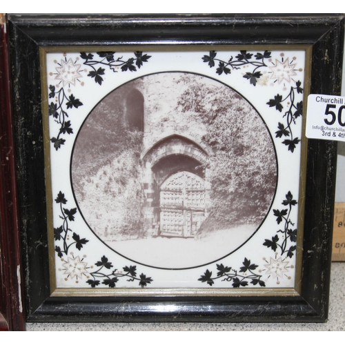 406 - 2 antique printed milk glass panels in wooden framed and a Dutch school painted ceramic tile in fram... 