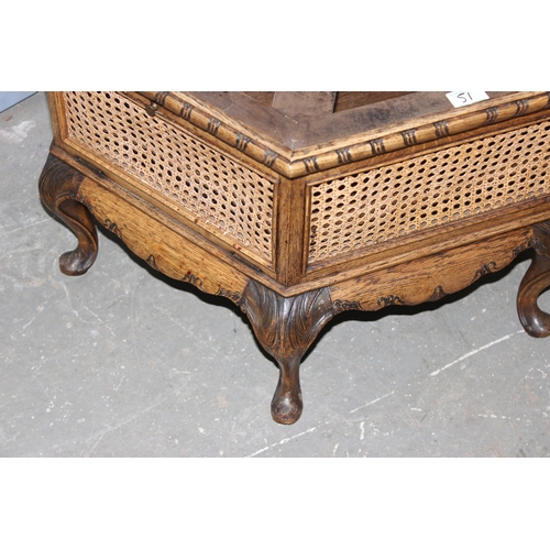 97 - An unusual vintage hexagonal low table with carved oak frame and bergere sides, approx 66cm wide