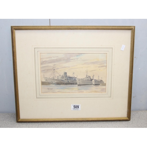 421 - A WW2 period watercolour of battleships, indistinctly signed lower right William Hewison, theatrical... 