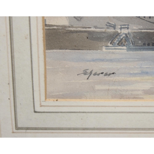 421 - A WW2 period watercolour of battleships, indistinctly signed lower right William Hewison, theatrical... 