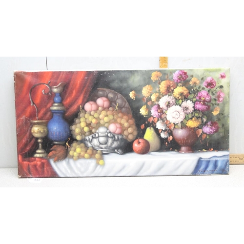 436 - Oil on canvas showing flowers & fruit signed bottom right Koromdoi Kous, approx.82cm x 40cm