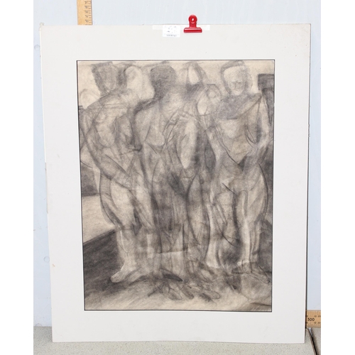 438 - Early 20th century, charcoal drawing, showing an abstract composition of a crowded room, approx 73cm... 