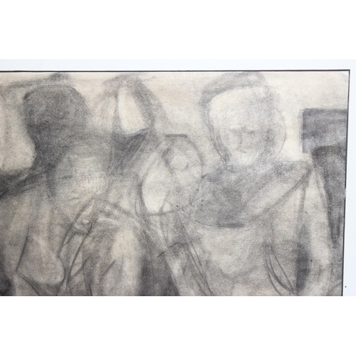 438 - Early 20th century, charcoal drawing, showing an abstract composition of a crowded room, approx 73cm... 