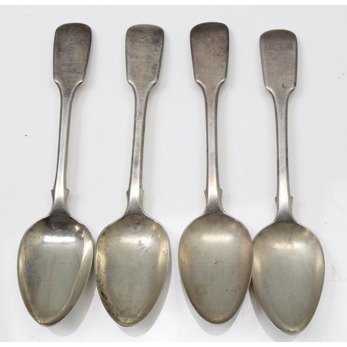 1006 - A set of 4 Victorian silver dessert spoons, London 1843 by Samuel Hayne & Dudley Cater, approx 200.8... 