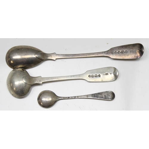 1008 - 2 Victorian silver salt spoons and a silver mustard spoon, approx 31.49g gross