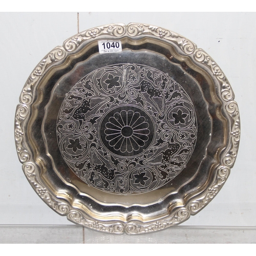 1040 - Heavy gauge Rococo style silver-plated serving tray, approx width 40cm