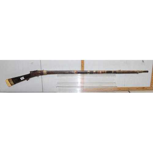 1413 - Antique North African Moukhala rifle mounted with silver, the mounts XRF tested approx 65% pure, the... 