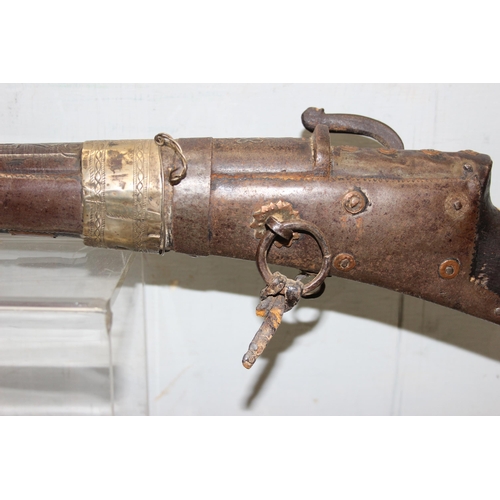 1413 - Antique North African Moukhala rifle mounted with silver, the mounts XRF tested approx 65% pure, the... 