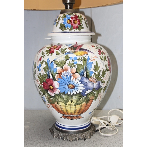 248 - Large faience hand painted pottery table lamp with shade, overall height approx 83cm