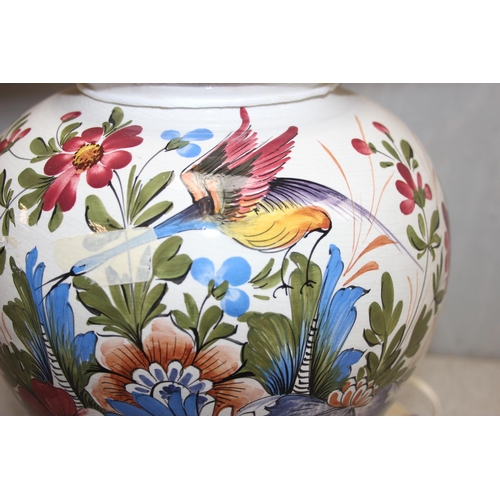 248 - Large faience hand painted pottery table lamp with shade, overall height approx 83cm