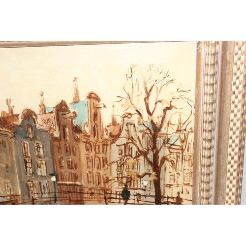 471 - A mid-century oil on canvas of Amsterdam, signed indistinctly lower right, in frame, approx 97cm x 5... 