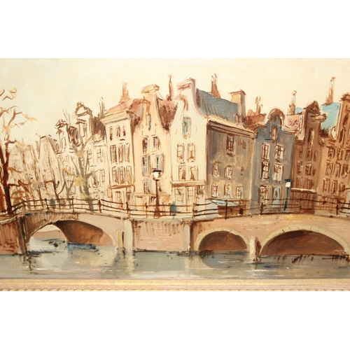 471 - A mid-century oil on canvas of Amsterdam, signed indistinctly lower right, in frame, approx 97cm x 5... 