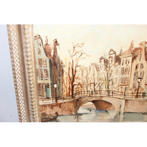 471 - A mid-century oil on canvas of Amsterdam, signed indistinctly lower right, in frame, approx 97cm x 5... 